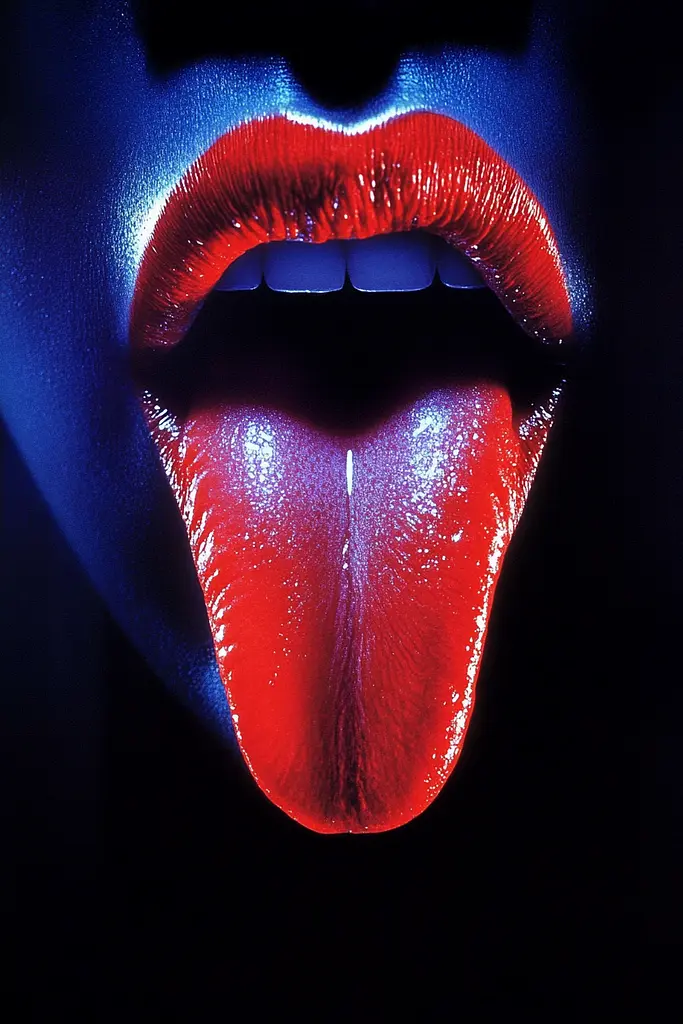 Midjourney generated image using SREF code Velvet Dusk: A close up of a woman's tongue sticking out.