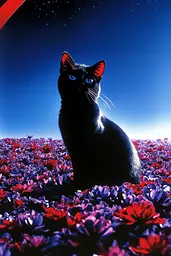 Midjourney generated image using SREF code Velvet Dusk: A black cat sitting in a field of flowers.