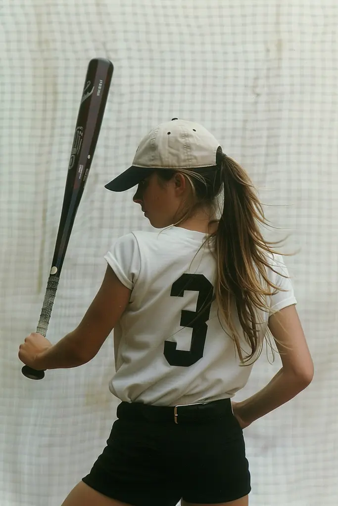 Midjourney generated image using SREF code Urban Solitude: A woman holding a baseball bat in a batting cage.