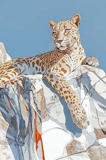 Midjourney generated image using SREF code Chromatic Fusion: A leopard laying on top of a snow covered mountain.