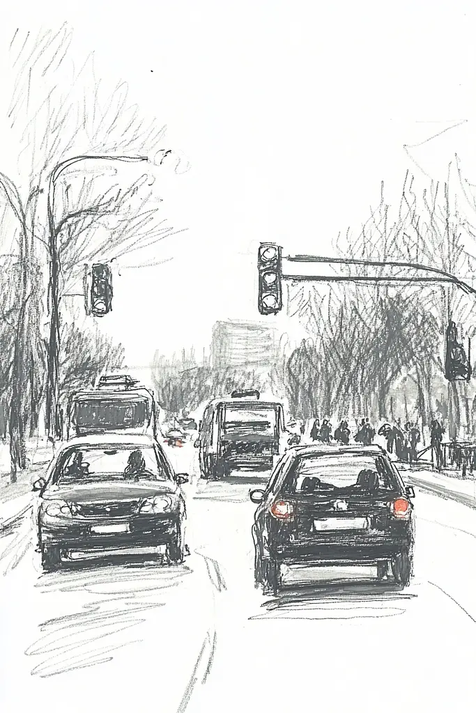 Midjourney generated image using SREF code Sketchrift: A drawing of cars driving down a city street.