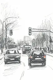 Midjourney generated image using SREF code Sketchrift: A drawing of cars driving down a city street.