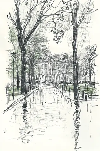Midjourney generated image using SREF code Sketchrift: A drawing of a city street with trees and buildings.