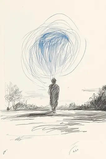 Midjourney generated image using SREF code Sketchrift: A drawing of a person walking with a parachute.