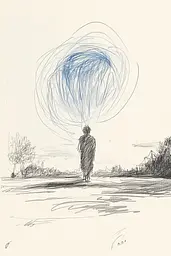 Midjourney generated image using SREF code Sketchrift: A drawing of a person walking with a parachute.