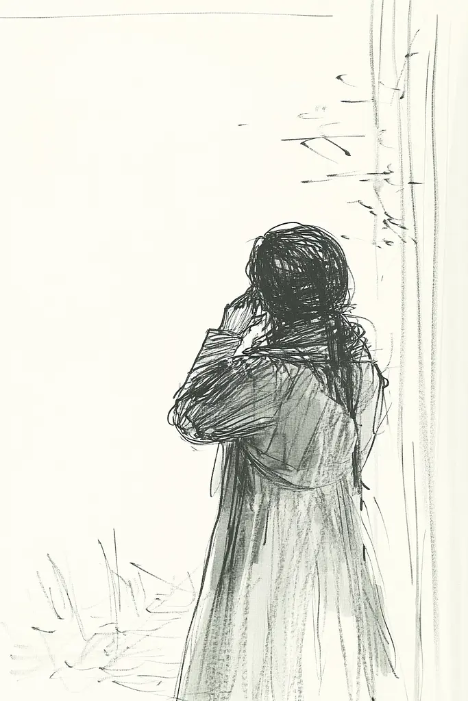 Midjourney generated image using SREF code Sketchrift: A drawing of a woman standing in front of a window.