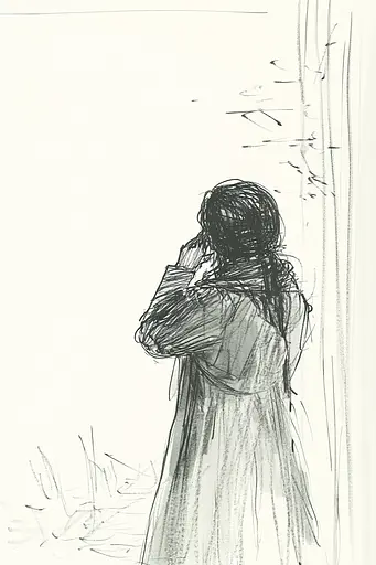 Midjourney generated image using SREF code Sketchrift: A drawing of a woman standing in front of a window.