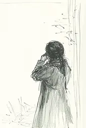 Midjourney generated image using SREF code Sketchrift: A drawing of a woman standing in front of a window.