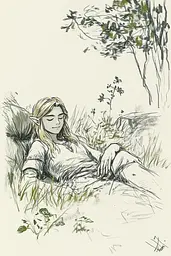 Midjourney generated image using SREF code Sketchrift: A drawing of a woman laying in the grass.