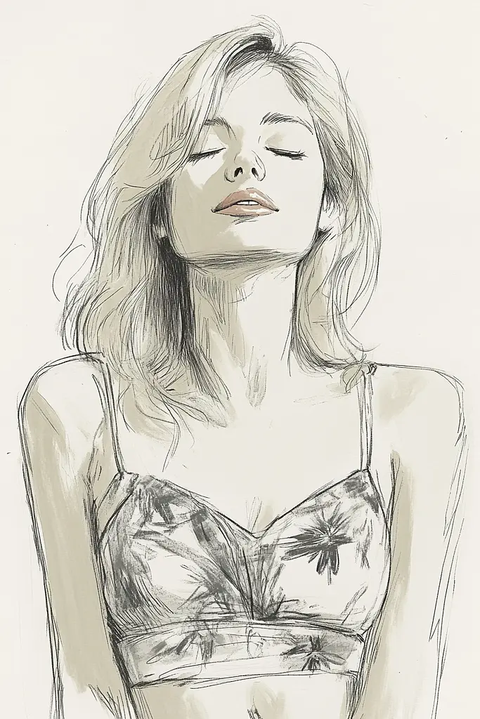 Midjourney generated image using SREF code Sketchrift: A drawing of a woman with her eyes closed.