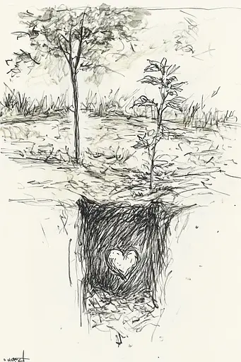 Midjourney generated image using SREF code Sketchrift: A drawing of a tree with a heart in it.