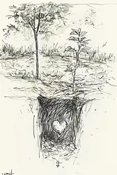Midjourney generated image using SREF code Sketchrift: A drawing of a tree with a heart in it.