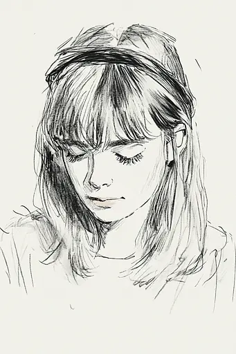 Midjourney generated image using SREF code Sketchrift: A drawing of a girl with her eyes closed.