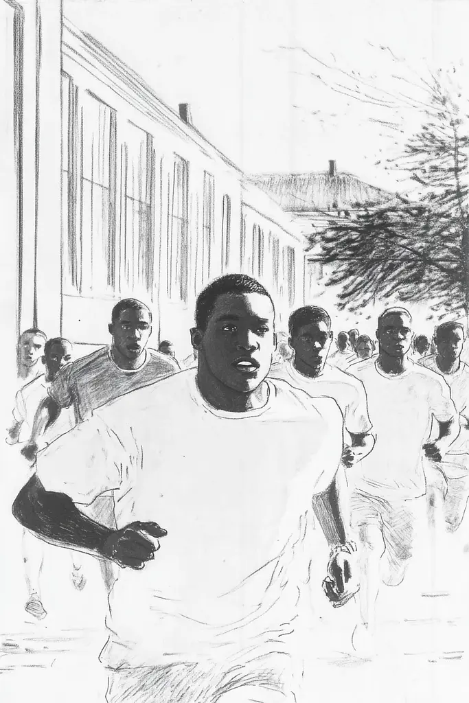 Midjourney generated image using SREF code Sketchrift: A drawing of a group of men running down a street.