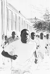 Midjourney generated image using SREF code Sketchrift: A drawing of a group of men running down a street.