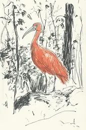 Midjourney generated image using SREF code Sketchrift: A drawing of a red bird standing in the woods.
