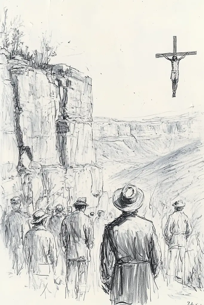 Midjourney generated image using SREF code Sketchrift: A drawing of a man standing in front of a cross.