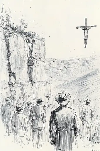 Midjourney generated image using SREF code Sketchrift: A drawing of a man standing in front of a cross.