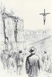 Midjourney generated image using SREF code Sketchrift: A drawing of a man standing in front of a cross.