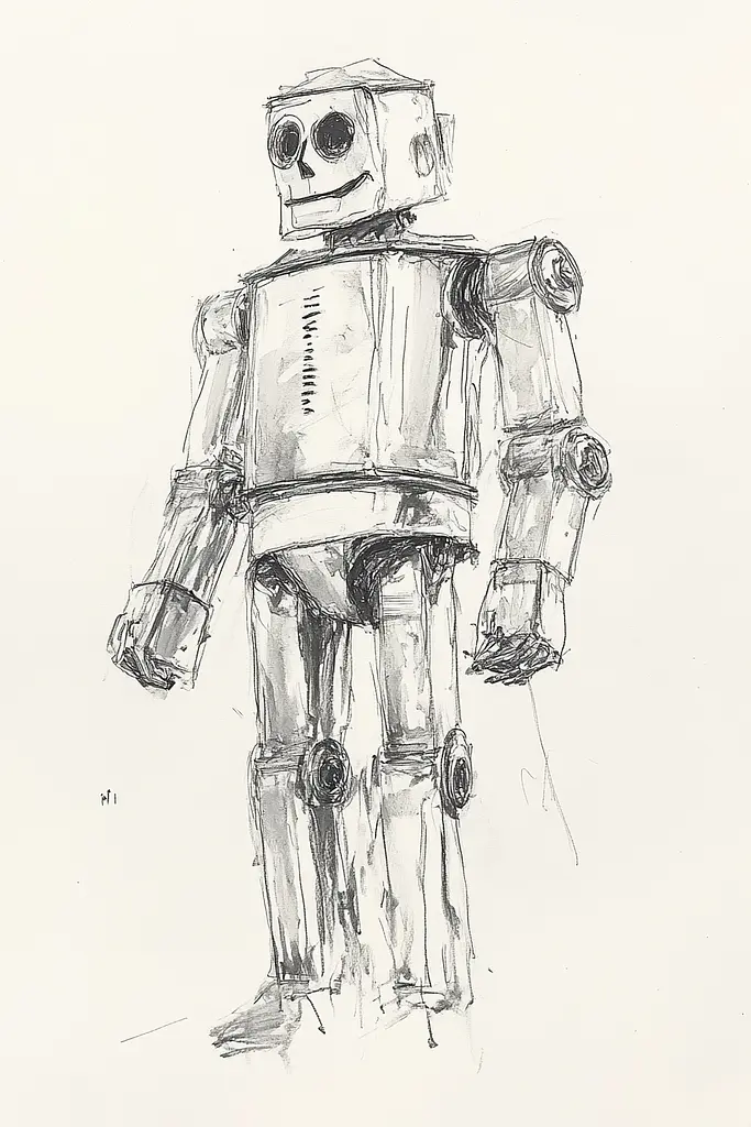 Midjourney generated image using SREF code Sketchrift: A drawing of a robot standing on a white surface.