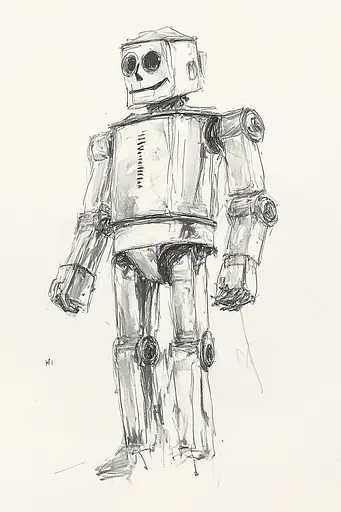 Midjourney generated image using SREF code Sketchrift: A drawing of a robot standing on a white surface.