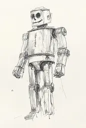 Midjourney generated image using SREF code Sketchrift: A drawing of a robot standing on a white surface.