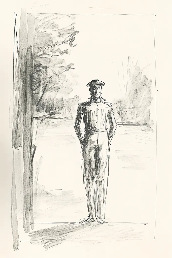 Midjourney generated image using SREF code Sketchrift: A drawing of a man standing in front of a door.