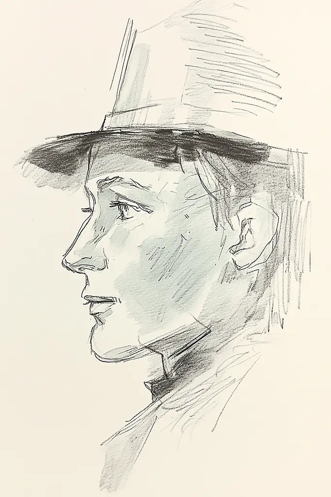 Midjourney generated image using SREF code Sketchrift: A drawing of a man wearing a hat.