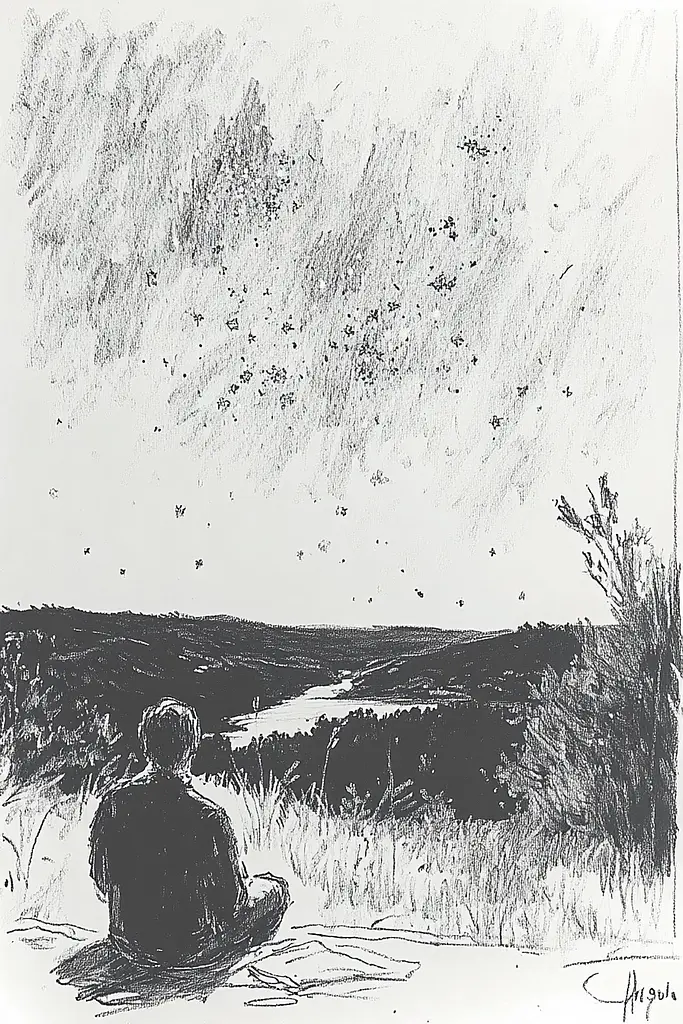 Midjourney generated image using SREF code Sketchrift: A black and white drawing of a person sitting in a field.