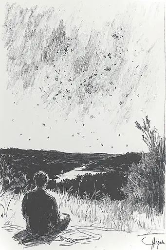 Midjourney generated image using SREF code Sketchrift: A black and white drawing of a person sitting in a field.