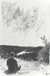 Midjourney generated image using SREF code Sketchrift: A black and white drawing of a person sitting in a field.