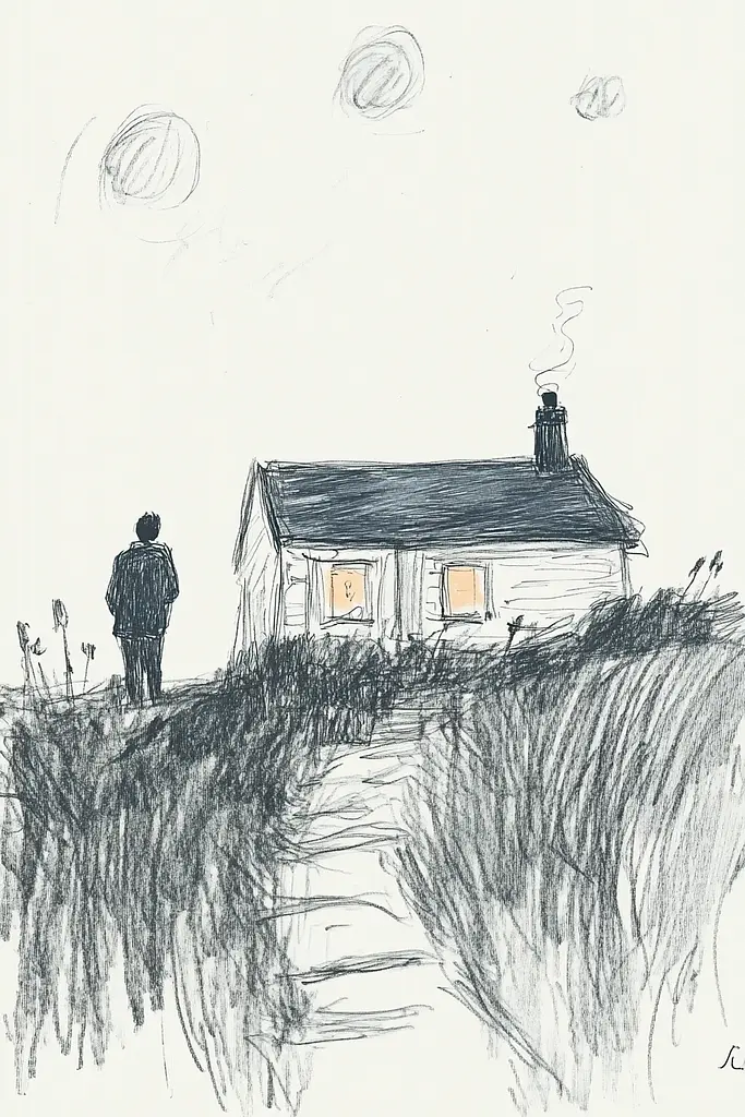 Midjourney generated image using SREF code Sketchrift: A drawing of a man standing in front of a house.