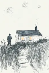 Midjourney generated image using SREF code Sketchrift: A drawing of a man standing in front of a house.