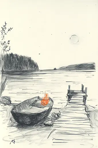 Midjourney generated image using SREF code Sketchrift: A drawing of a boat sitting on top of a lake.