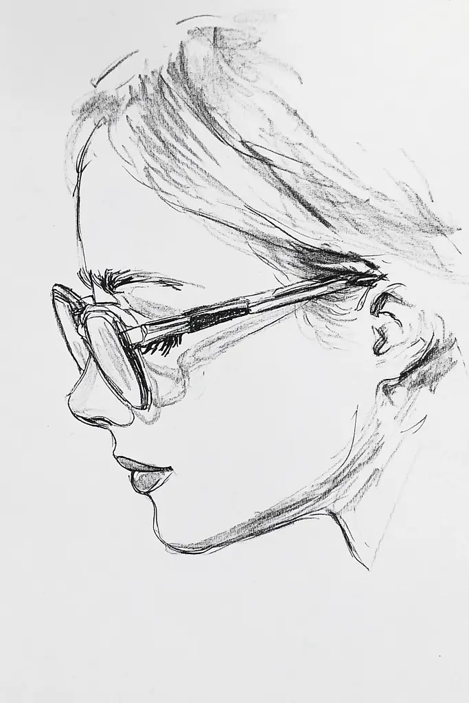 Midjourney generated image using SREF code Sketchrift: A drawing of a woman wearing glasses. 