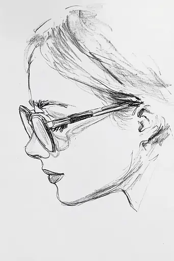 Midjourney generated image using SREF code Sketchrift: A drawing of a woman wearing glasses. 