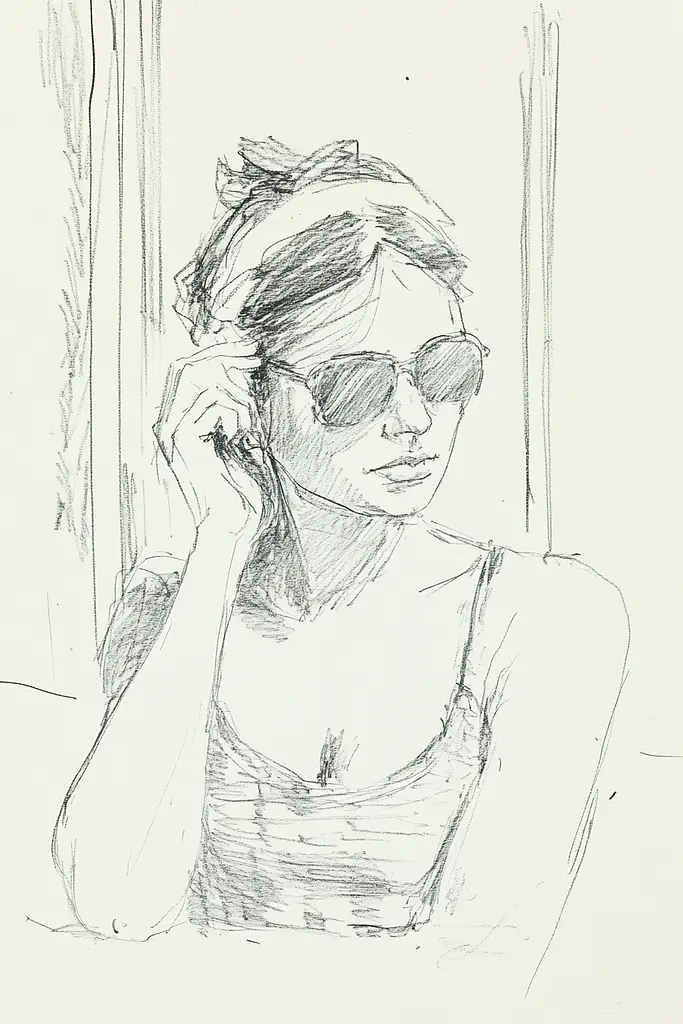 Midjourney generated image using SREF code Sketchrift: A drawing of a woman wearing sunglasses talking on a cell phone.