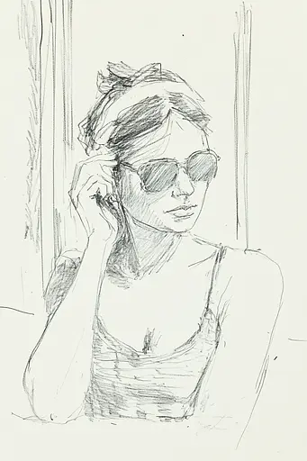 Midjourney generated image using SREF code Sketchrift: A drawing of a woman wearing sunglasses talking on a cell phone.