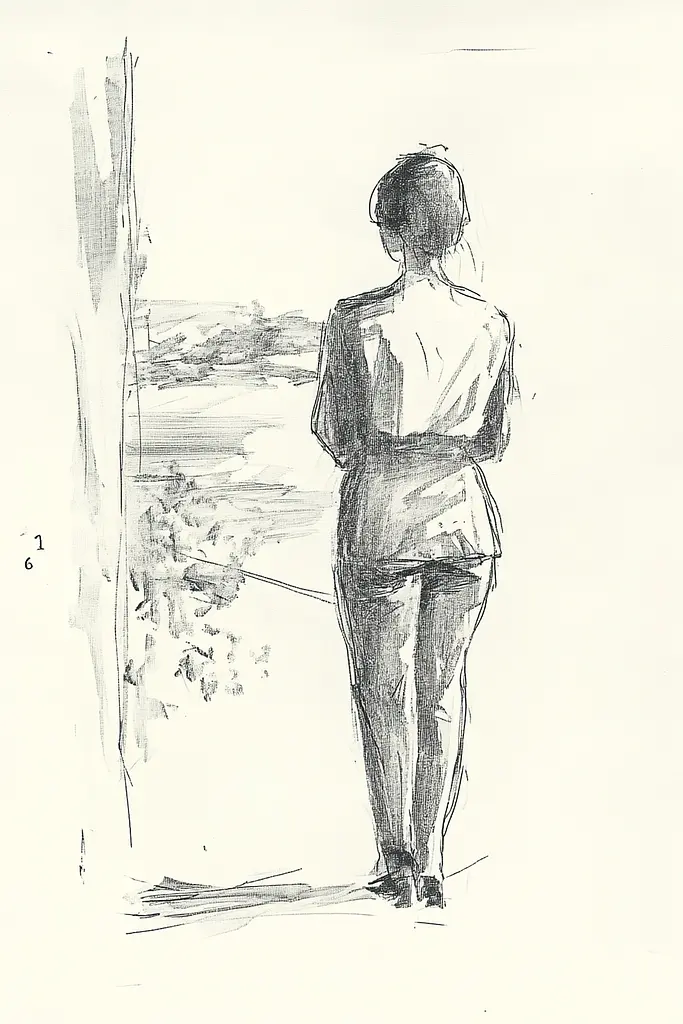 Midjourney generated image using SREF code Sketchrift: A drawing of a woman standing in front of a window.