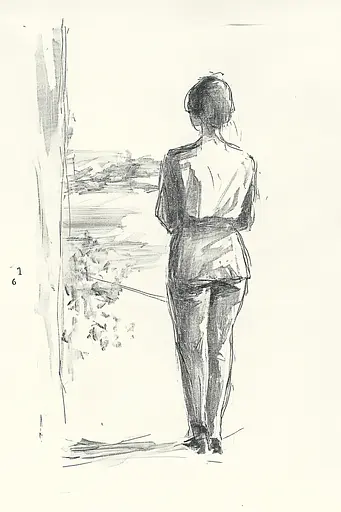 Midjourney generated image using SREF code Sketchrift: A drawing of a woman standing in front of a window.