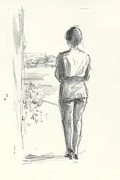Midjourney generated image using SREF code Sketchrift: A drawing of a woman standing in front of a window.