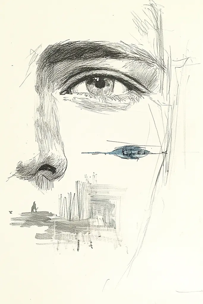 Midjourney generated image using SREF code Sketchrift: A drawing of a man's face with a city in the background.