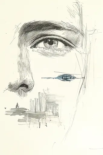 Midjourney generated image using SREF code Sketchrift: A drawing of a man's face with a city in the background.