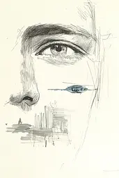 Midjourney generated image using SREF code Sketchrift: A drawing of a man's face with a city in the background.