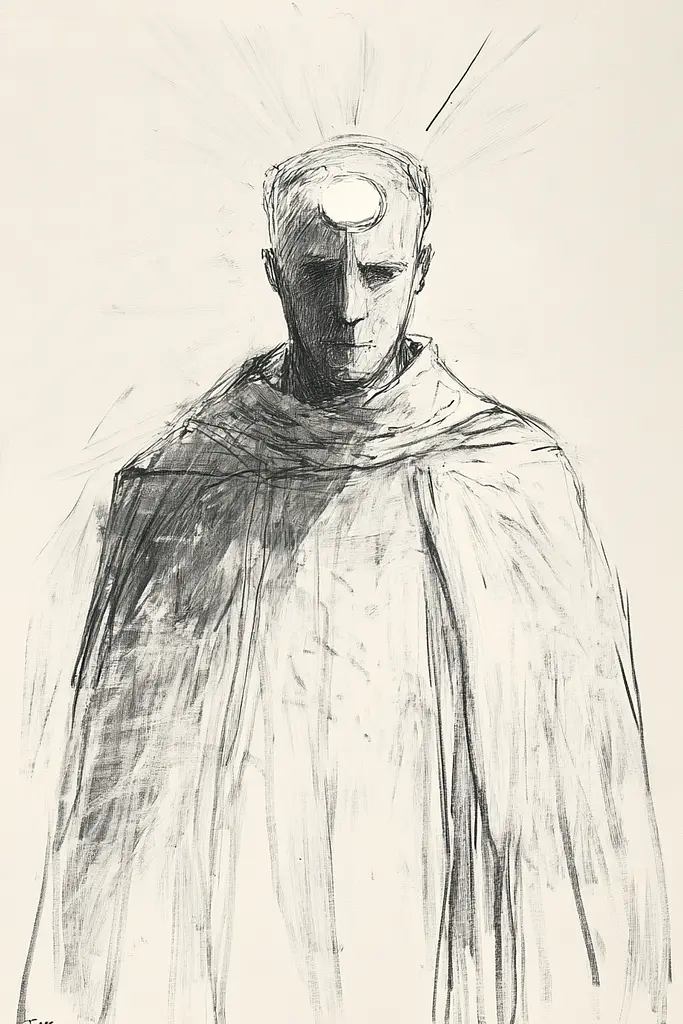 Midjourney generated image using SREF code Sketchrift: A black and white drawing of a man in a cloak.