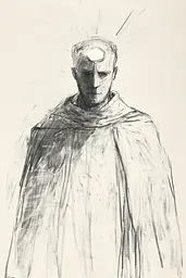 Midjourney generated image using SREF code Sketchrift: A black and white drawing of a man in a cloak.