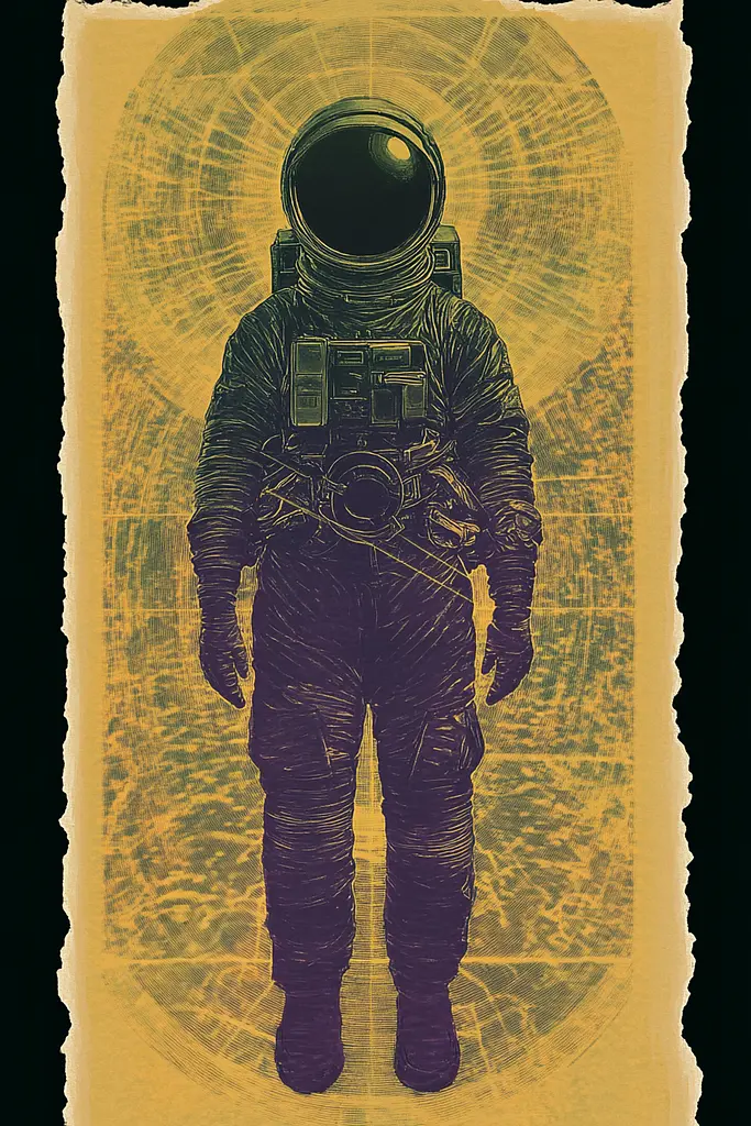 Midjourney generated image using SREF code Celestial Cadence: A man in an astronaut suit standing in front of a yellow background.