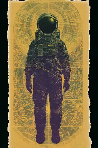 Midjourney generated image using SREF code Celestial Cadence: A man in an astronaut suit standing in front of a yellow background.