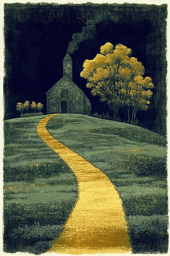 Midjourney generated image using SREF code Celestial Cadence: A painting of a path leading to a church on a hill.