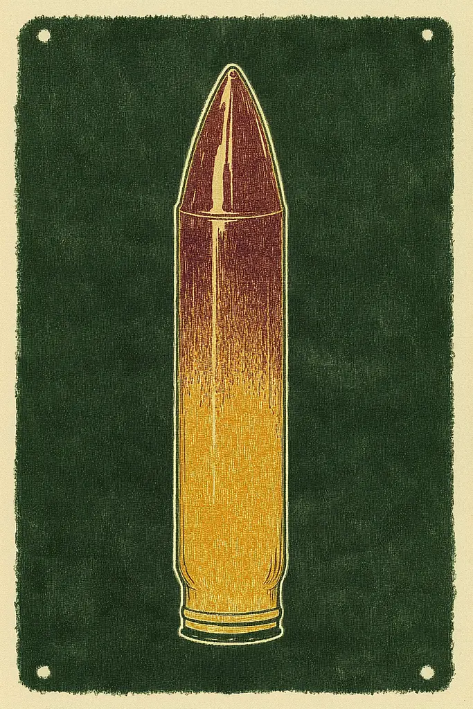 Midjourney generated image using SREF code Celestial Cadence: A drawing of a bullet on a green background.